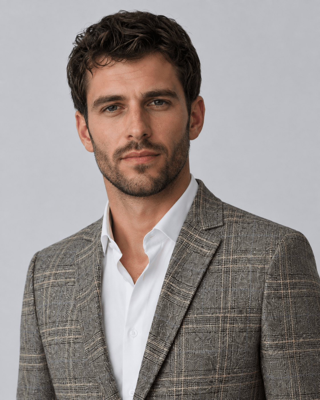 Men's Checked Blazer - Grey Beige Two-Button Textured Weave - Galonni