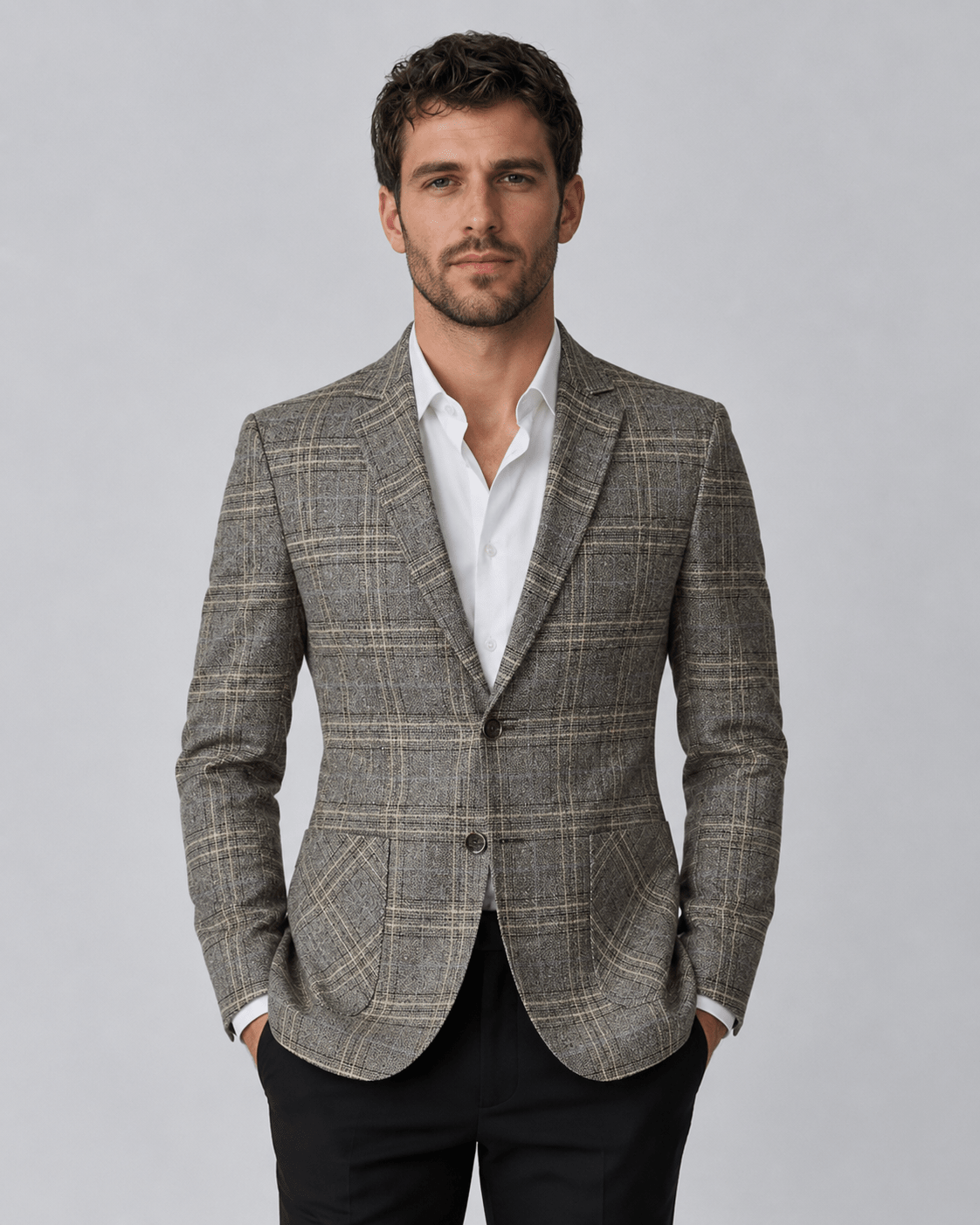 Men's Checked Blazer - Grey Beige Two-Button Textured Weave - Galonni