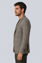 Men's Checked Blazer - Grey Beige Two-Button Textured Weave - Galonni