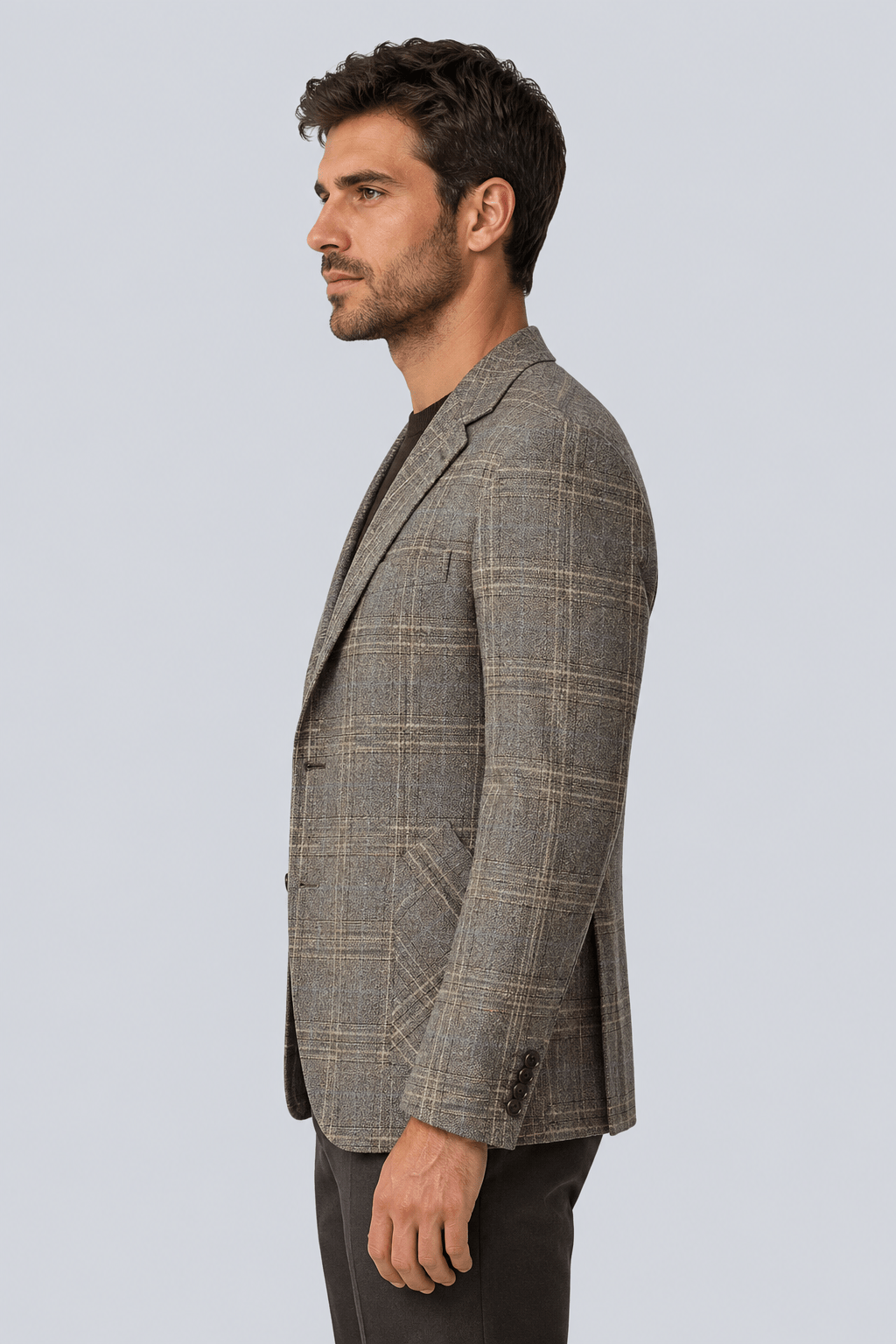 Men's Checked Blazer - Grey Beige Two-Button Textured Weave - Galonni