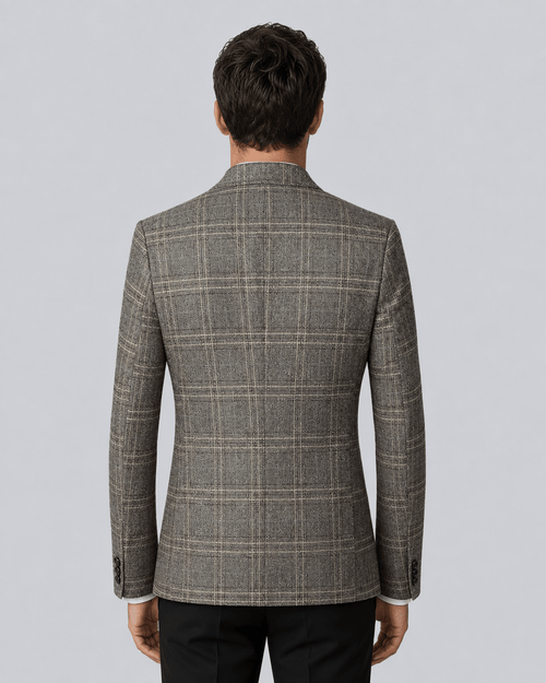 Men's Checked Blazer - Grey Beige Two-Button Textured Weave - Galonni