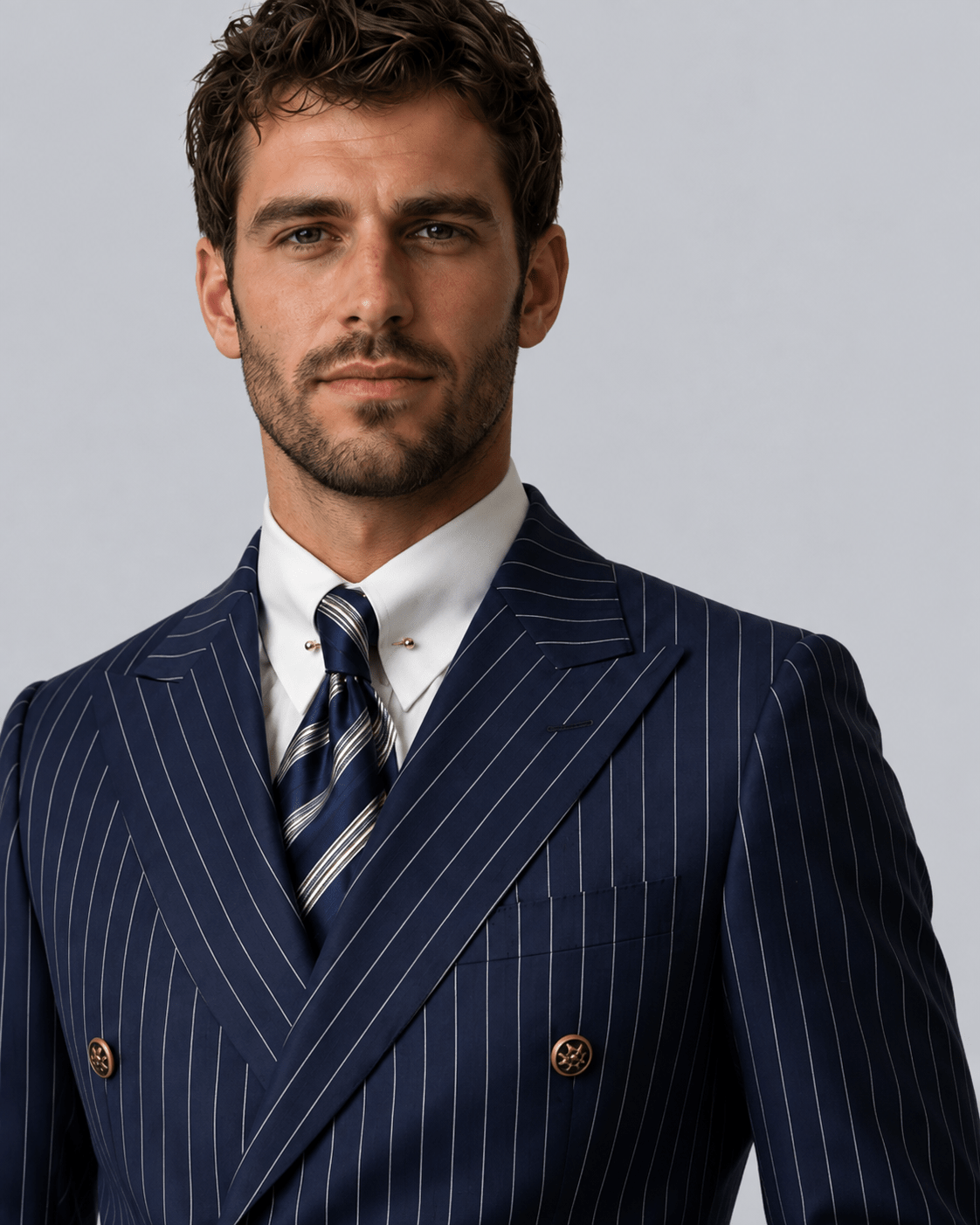 Men's Double-Breasted Pinstripe Blazer - Navy Six-Button - Galonni
