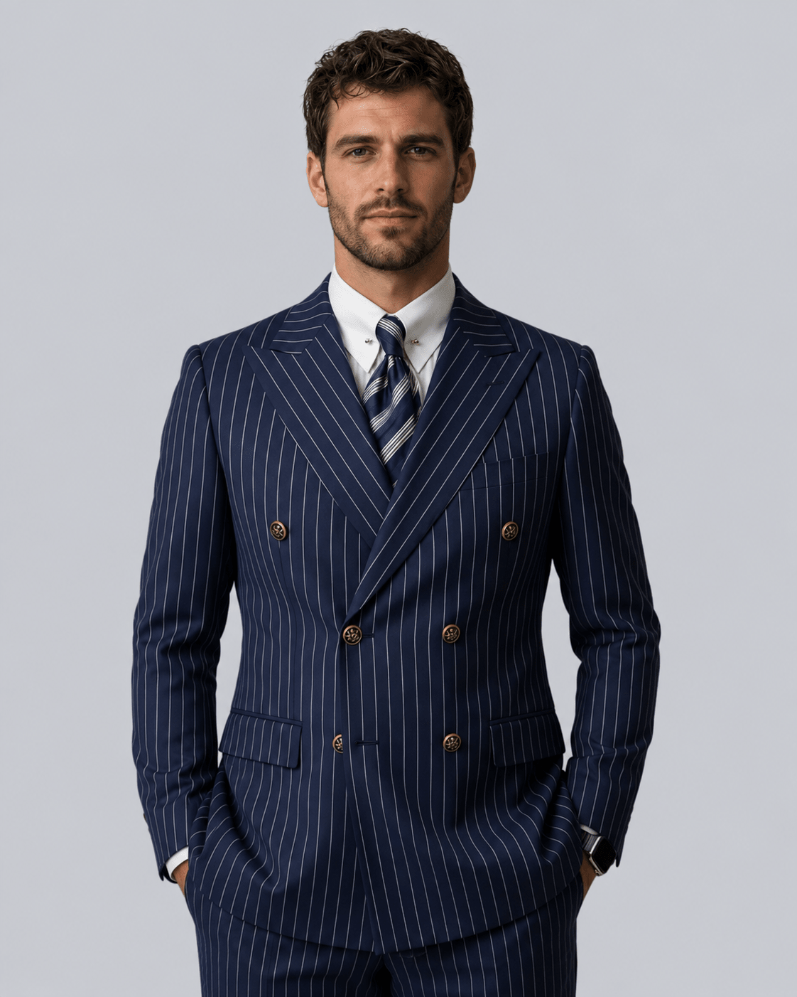 Men's Double-Breasted Pinstripe Blazer - Navy Six-Button - Galonni
