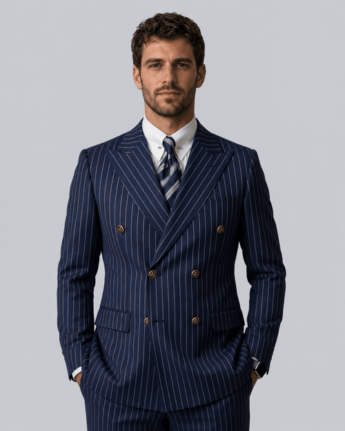 Men's Double-Breasted Pinstripe Blazer - Navy Six-Button - Galonni