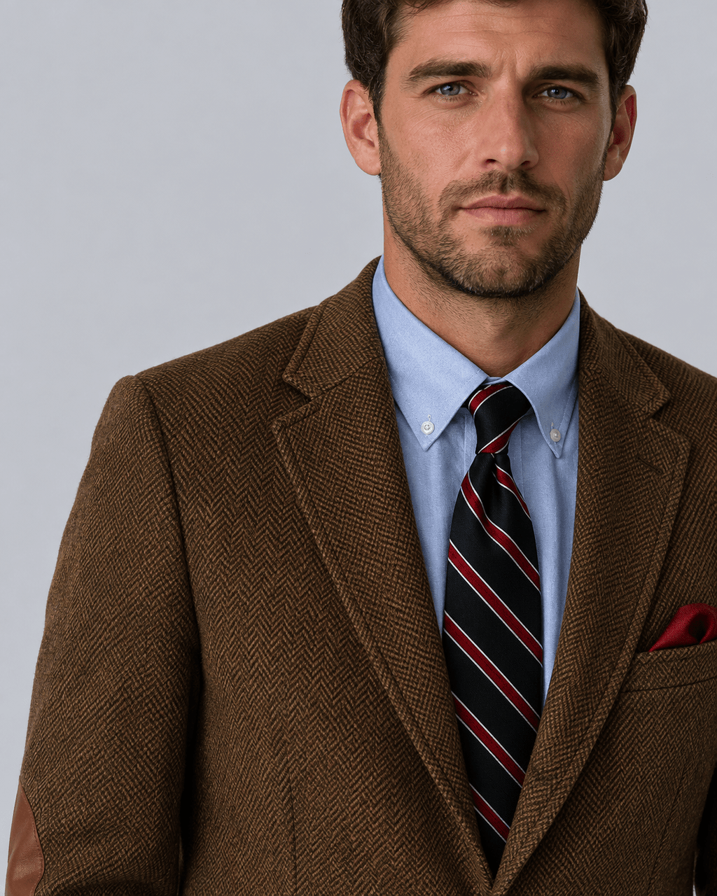 Men's Herringbone Blazer - Brown Two-Button Elbow Patches - Galonni