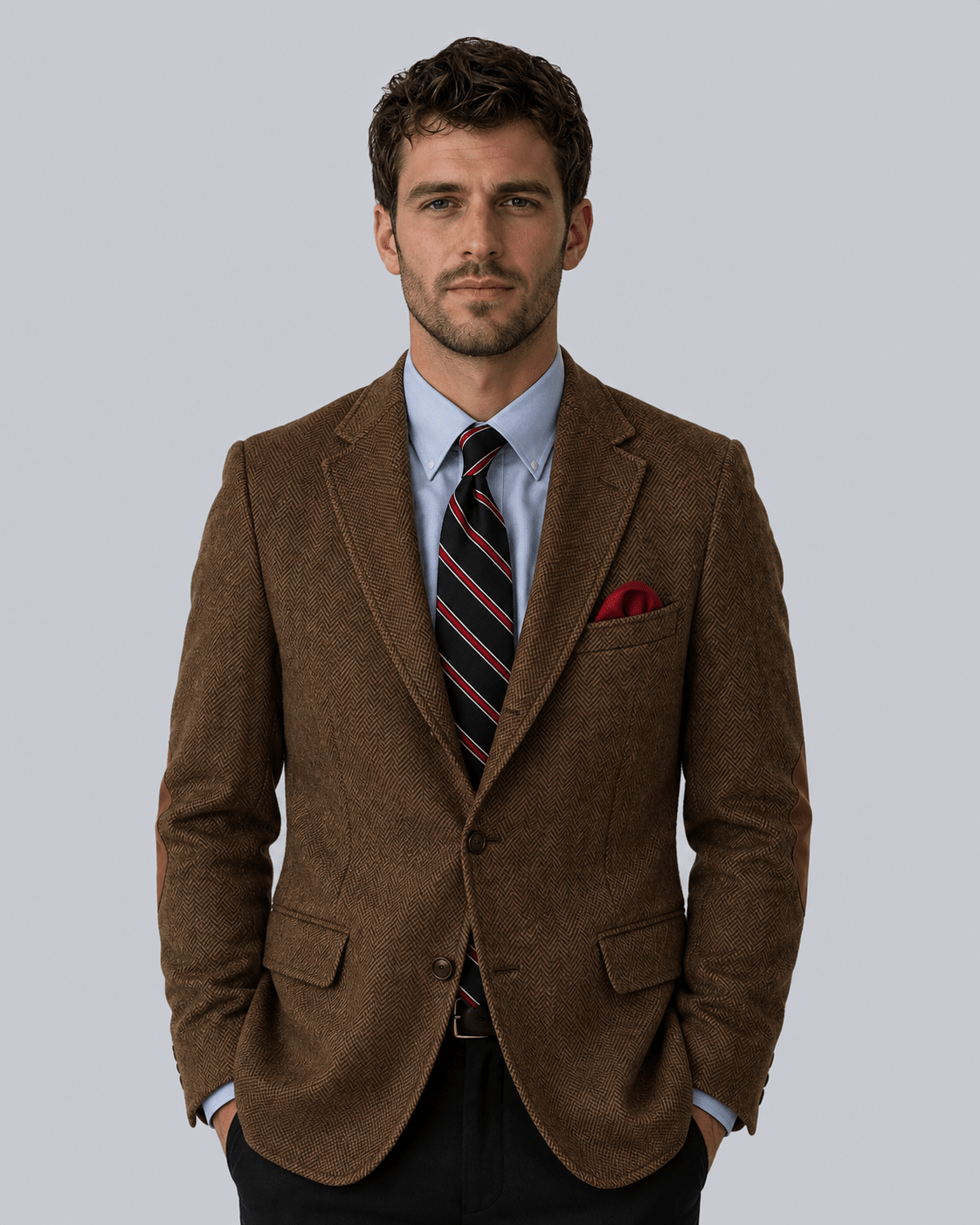Men's Herringbone Blazer - Brown Two-Button Elbow Patches - Galonni