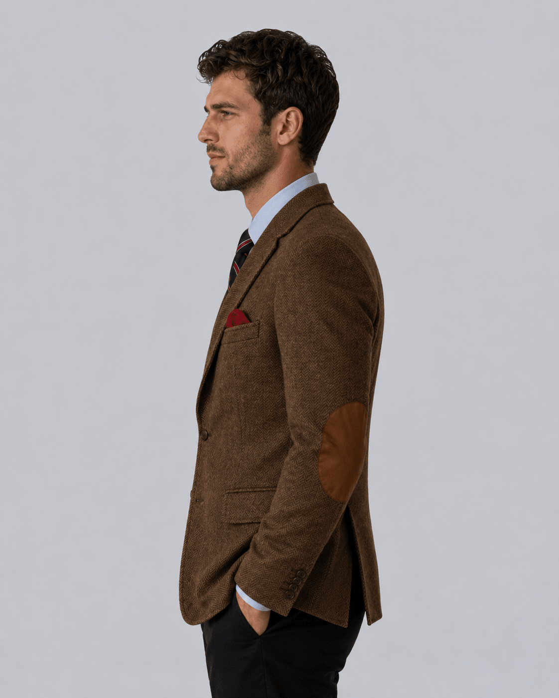 Men's Herringbone Blazer - Brown Two-Button Elbow Patches - Galonni