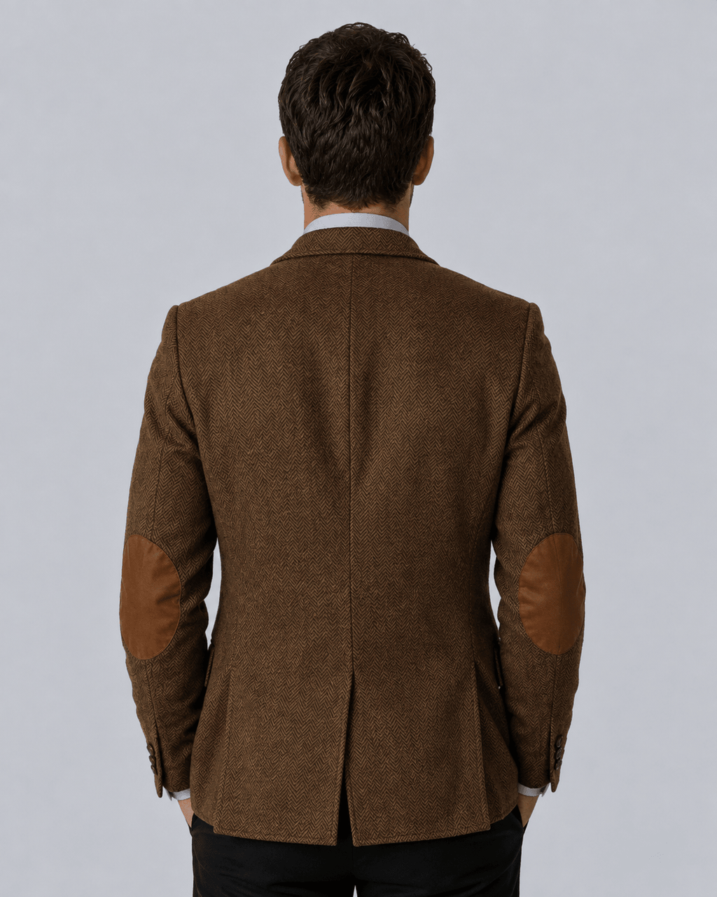 Men's Herringbone Blazer - Brown Two-Button Elbow Patches - Galonni