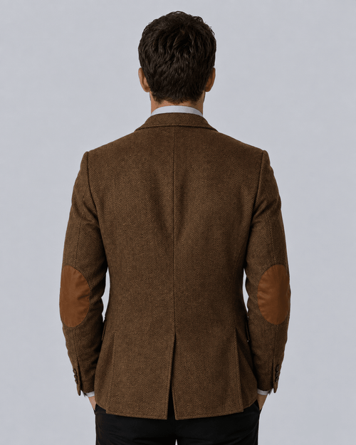 Men's Herringbone Blazer - Brown Two-Button Elbow Patches - Galonni