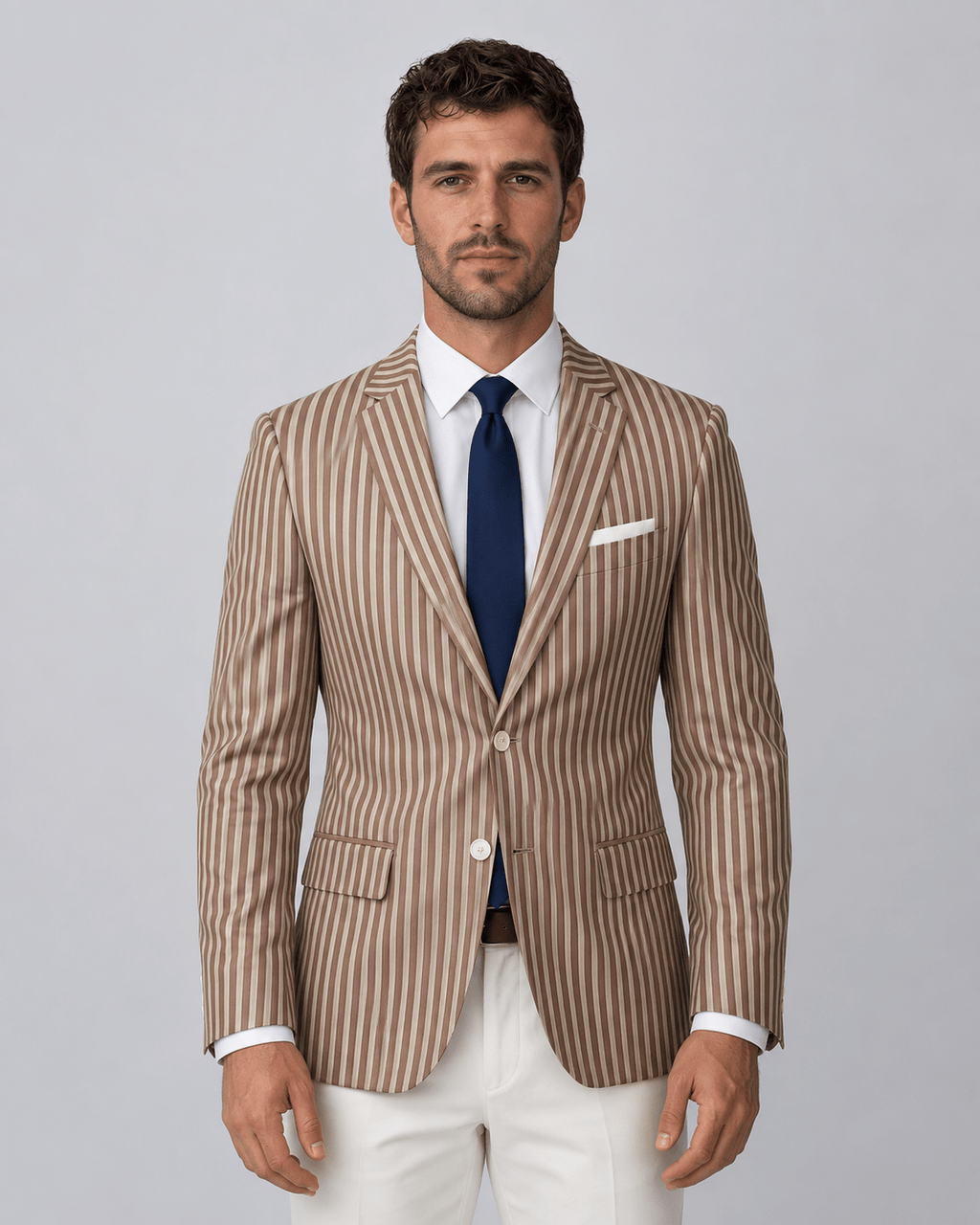 Men's Striped Blazer - Brown Beige Two-Button Slim Fit - Galonni