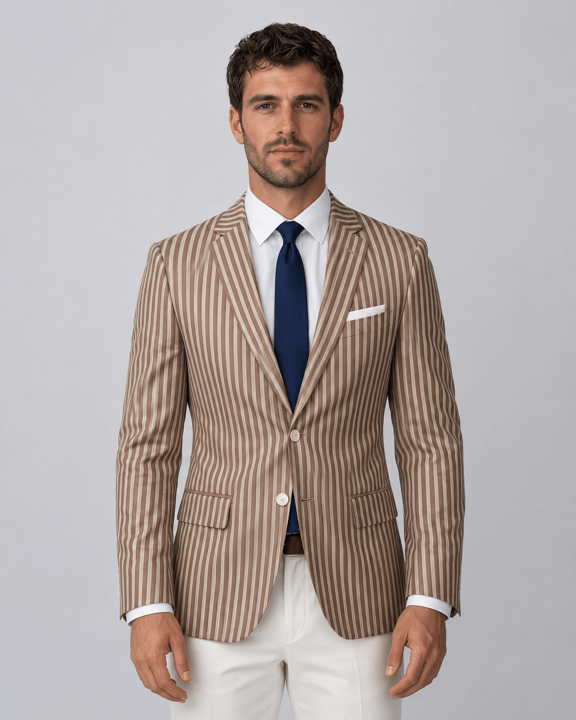 Men's Striped Blazer - Brown Beige Two-Button Slim Fit - Galonni